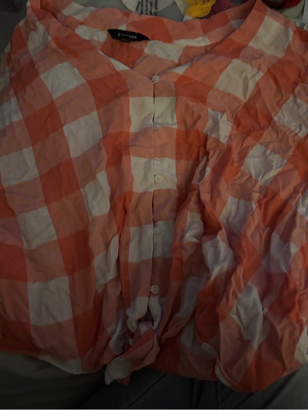 Express Coral and White Gingham Button-Front Skirt